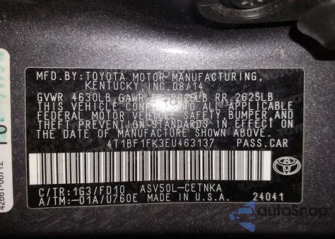 2014 Toyota Camry Le z USA, uszkodzony, nr VIN 4T1BF1FK3EU463137